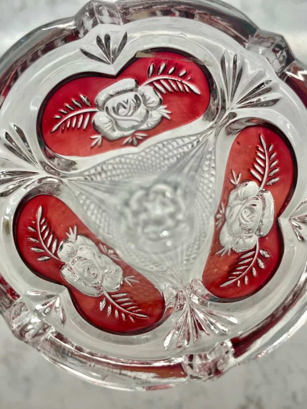 Vintage Enesco Lead Crystal Colored Heart Rose Vase, 8”H